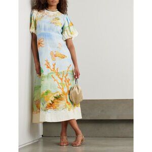 Alemais Emerald Cove Gathered Printed Blue Coral Linen Midi Dress